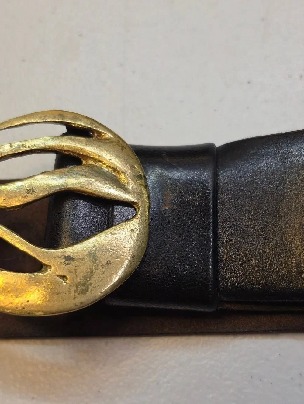Vintage Deep Brown Leather Belt Gold Tone Brass Mod Brutalist Sculpted Buckles